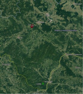 Satelitska karta koja prikazuje regije s označenim područjima uključujući Jajce, Donji Vakuf, Bugojno, Duži, Endići, Vitovlje i Novi Grad. Crveni simboli označavaju određene lokacije kod Jajca, a zeleni marker s oznakom "CERN" vidi se kod Novog Grada.