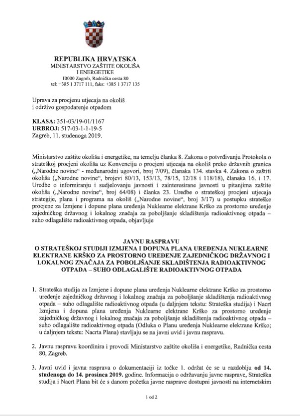 Postupak SPUO za Izmjene i dopune Plana uređenja NEK-a za suho skladištenje ING-a